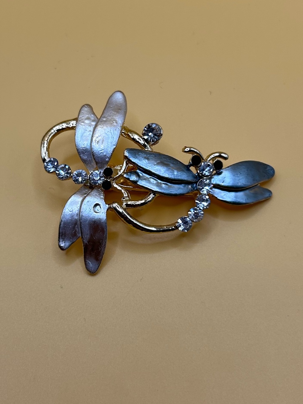 Gold and Silver Dragonfly Brooch with Crystals - Women's Accessory